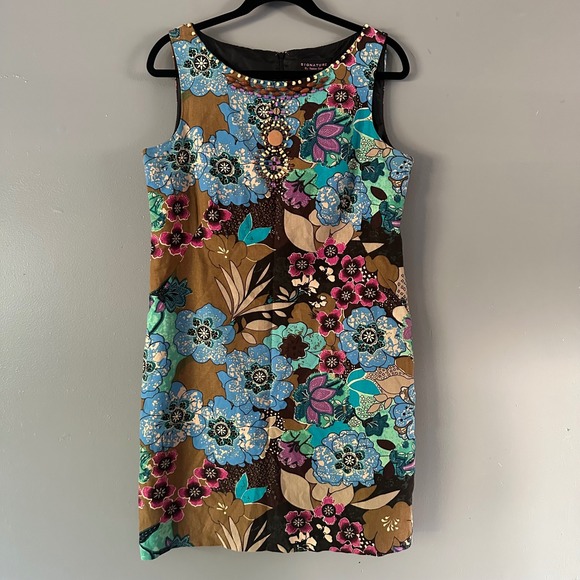 Signature by Robbie Bee Brown Floral Linen Midi Dress with Wooden‎ Beads - Picture 1 of 8